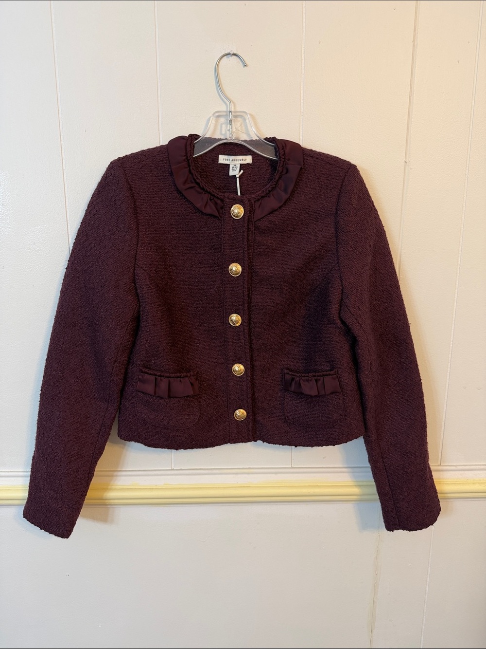 NWT Free Assembly Burgundy Bouclé Ruffle-Trim Blazer - Size XS